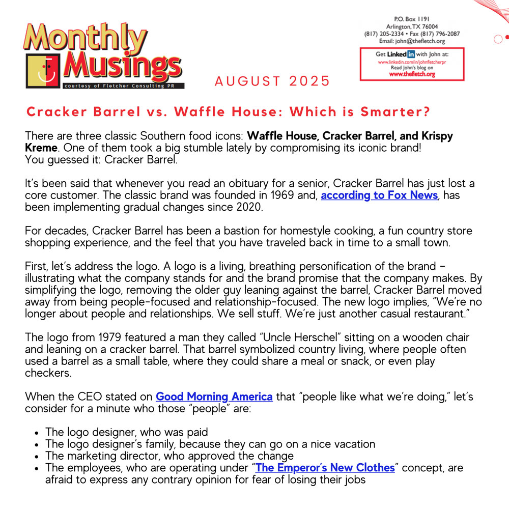 Monthly newsletter from Fletcher Consulting PR discussing the branding changes at Cracker Barrel and the debate between Cracker Barrel and Waffle House