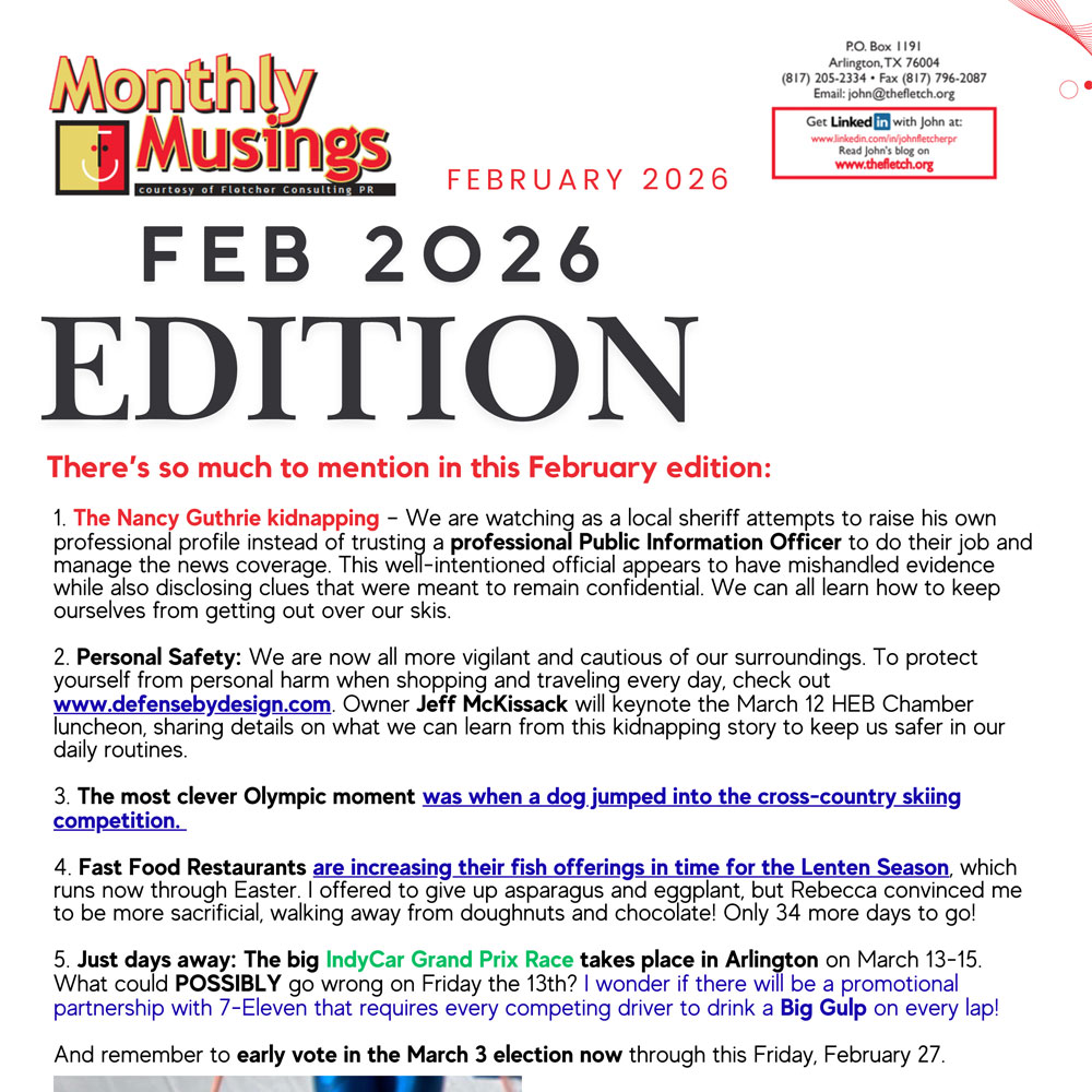 Monthly newsletter from Fletcher Consulting PR discussing 'Service Natural' and a memorable experience at Studio Movie Grill