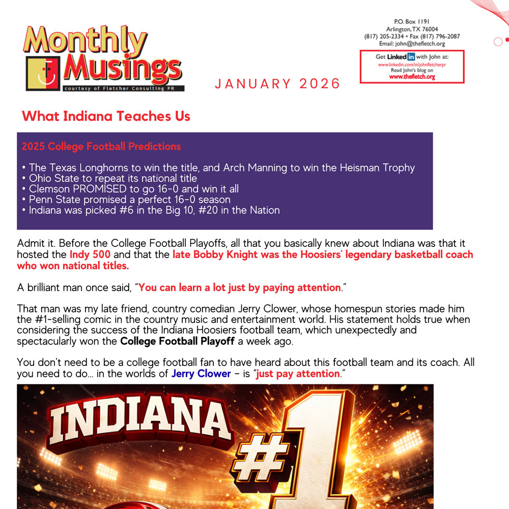 Monthly newsletter from Fletcher Consulting PR reflecting on legendary qualities in business for 2025, featuring kindness and generosity