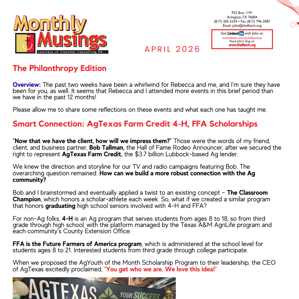 Monthly newsletter from Fletcher Consulting PR, discussing smart inventions in sports, including XFL innovations, aerial skycams, and player microphones