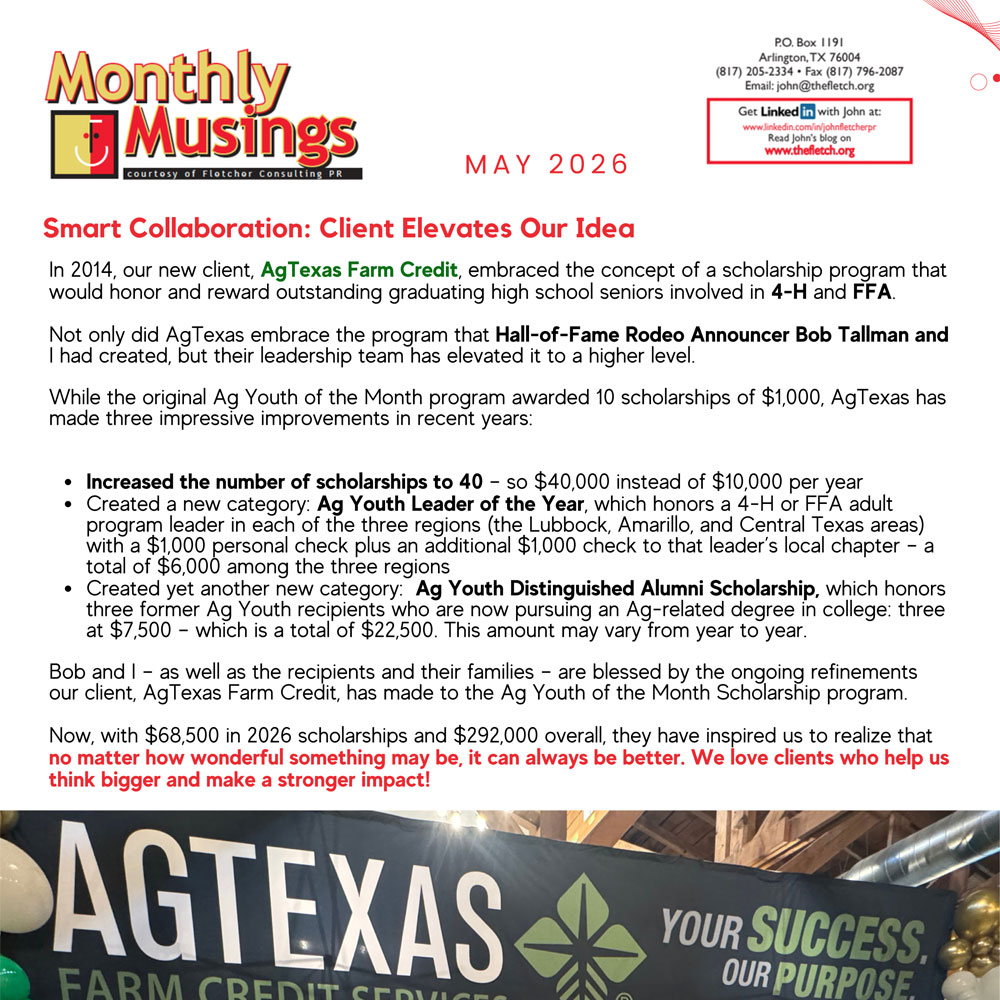 Monthly newsletter from Fletcher Consulting PR discussing TCU football, Max Duggan's performance, and team spirit