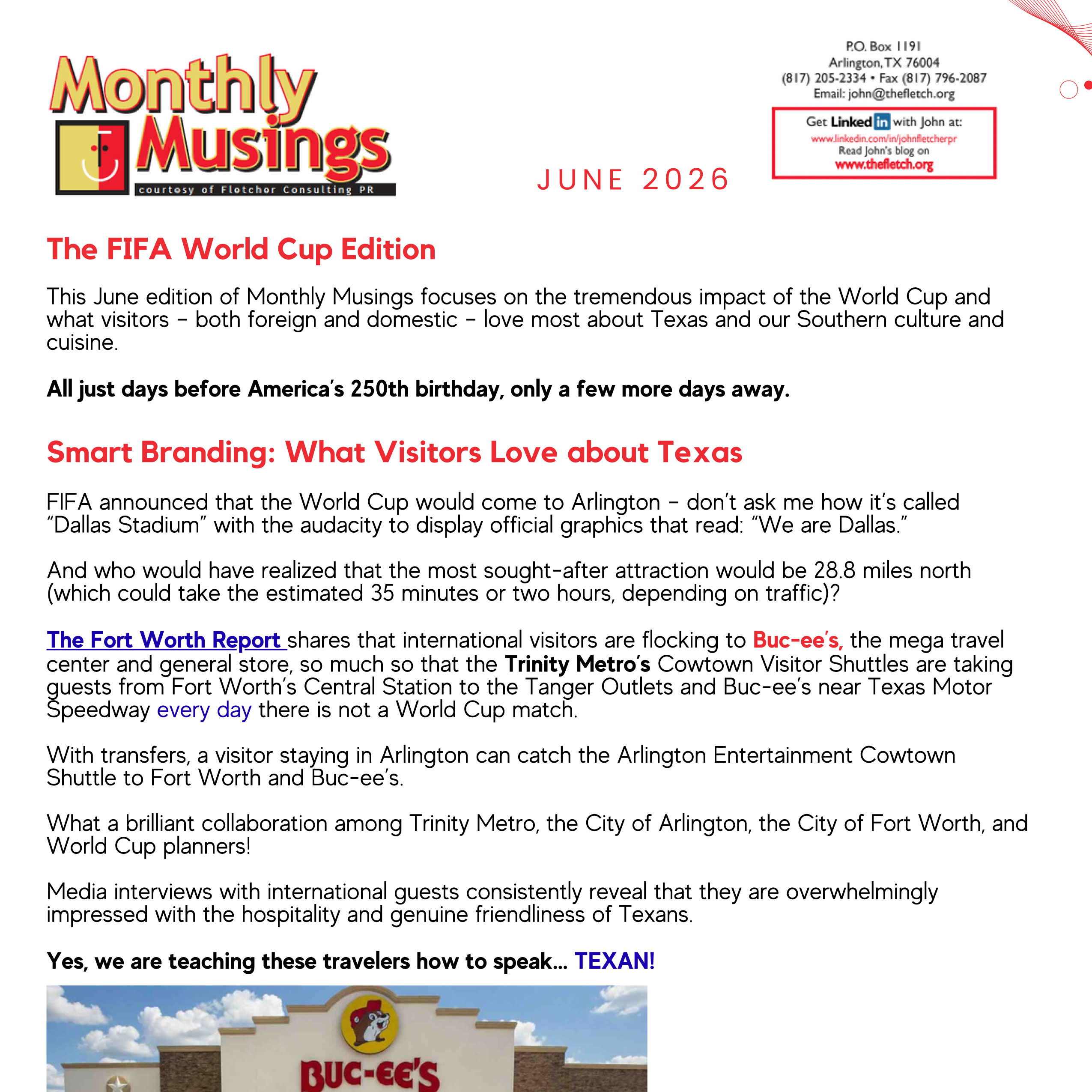 Monthly newsletter from Fletcher Consulting PR discussing TCU football, Max Duggan's performance, and team spirit